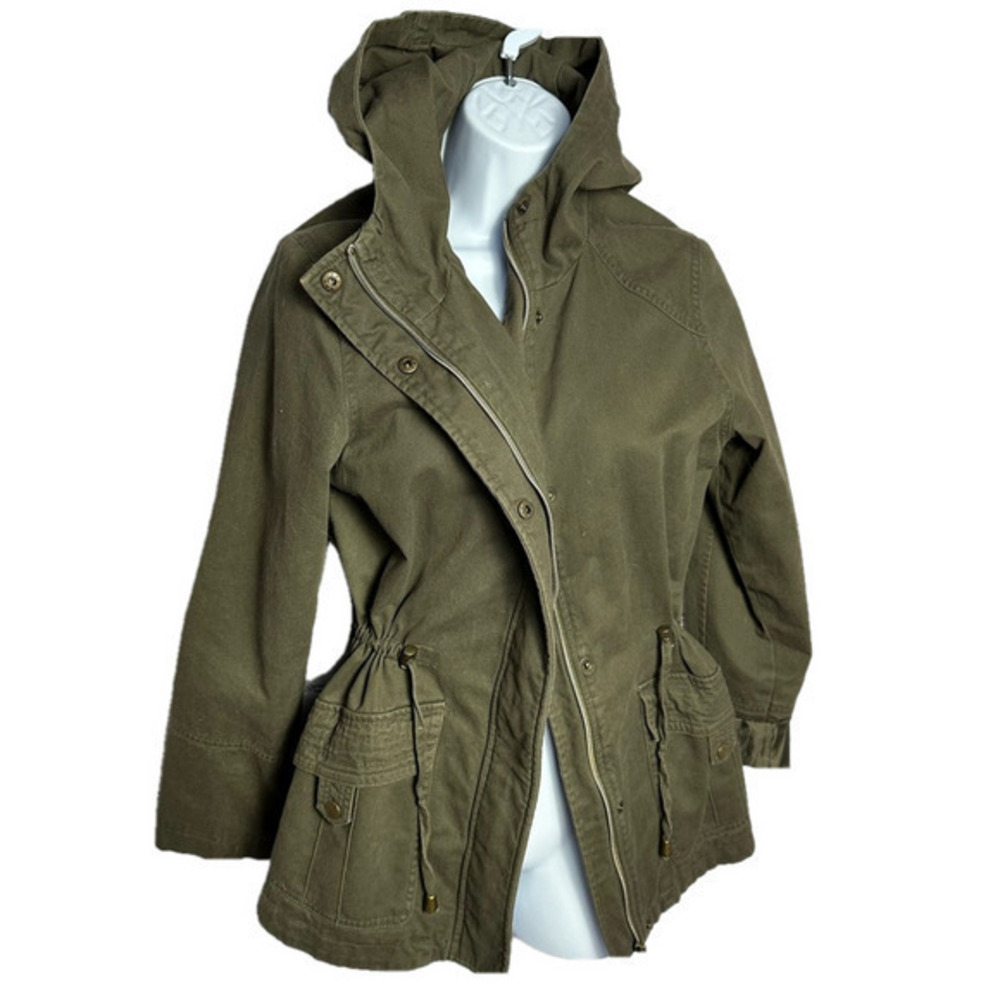 Army green utility jacket with hoodie, adjustable cinched side and pockets